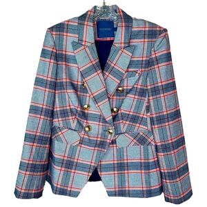 Biltmore Women’s Double Breasted Plaid Blazer - NAVY PINK YELLOW